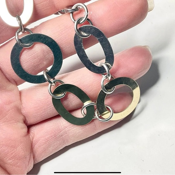 Sterling Silver Italy Large Flat Links Bracelet 7.5” 2Tone Silver - Picture 3 of 7